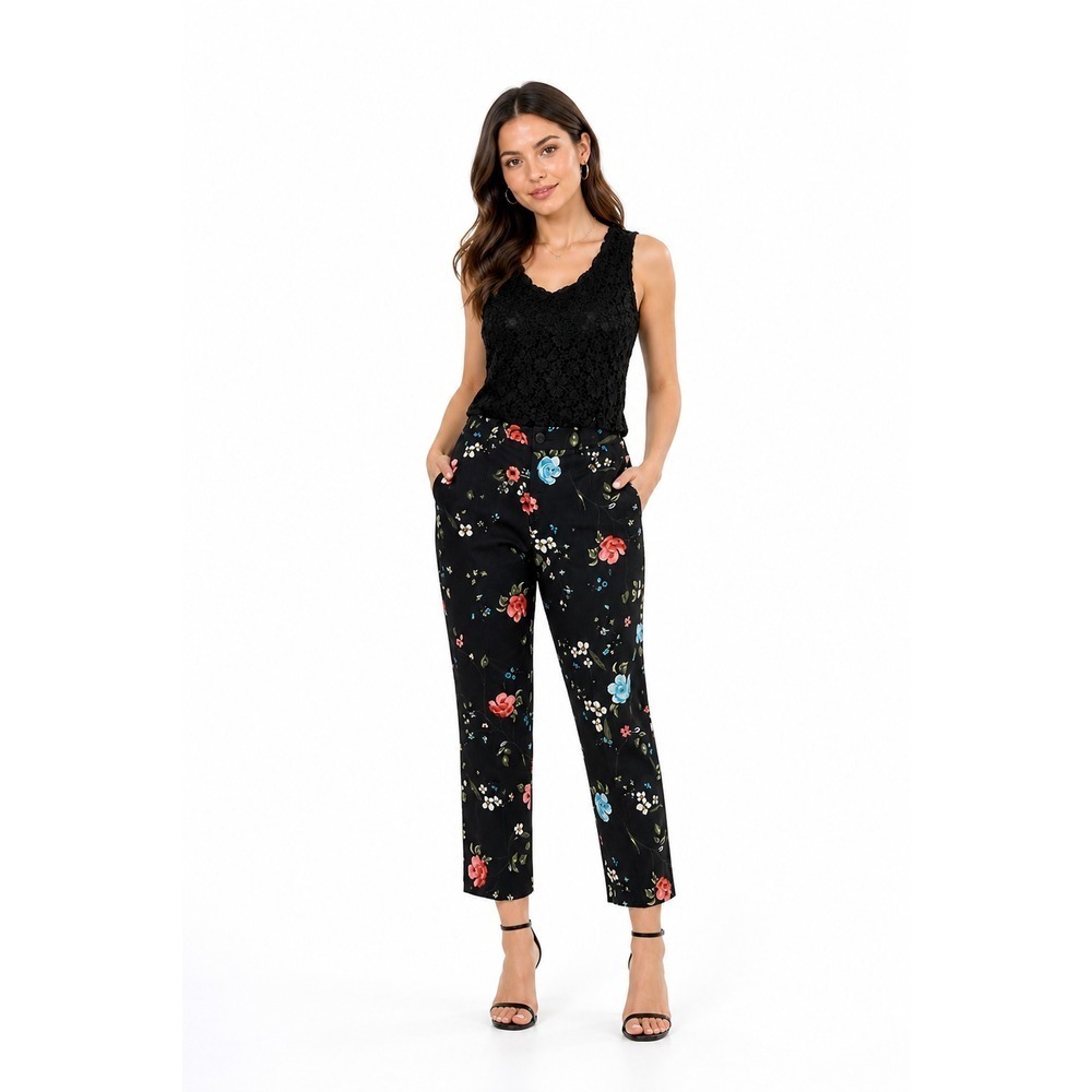 Worthington Modern Fit Black Floral Print Straight Leg Ankle Pants Women's Sz 12